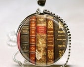 Book Necklace Old Book Spines Art Pendant with Ball Chain Included (ITEM B055)