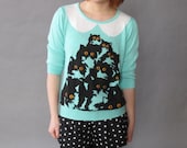 Mint with White Knit-in Collar Kitty Sweater. Medium