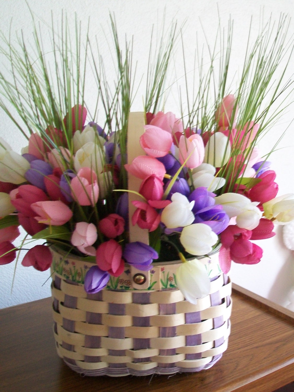 Spring or Easter Table Centerpiece - Basketful of Tulips