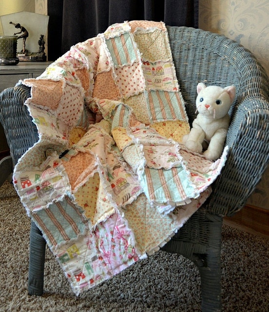 Shabby Chic French Market, Summer Baby Quilt, reversible cotton, pink, blue, yellow, green