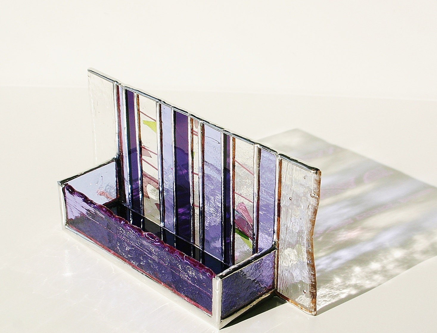 Contemporary Stained Glass Business Card Holder Purple Lavender Confetti Art Glass Office Modern Desk Accessory Handmade OOAK