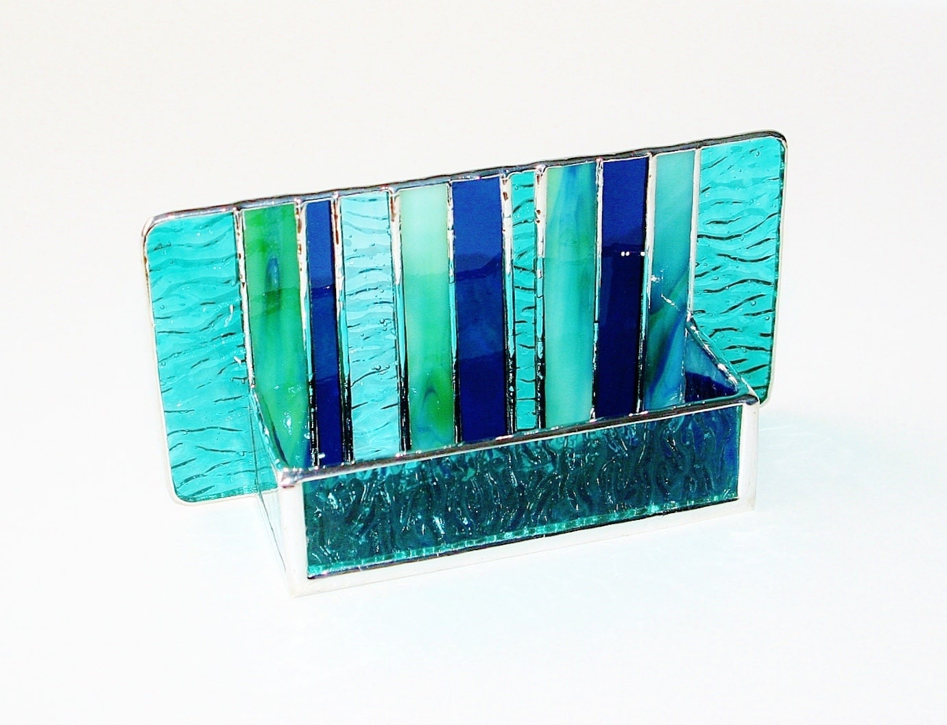 Stained Glass Modern Business Card Holder Teal Green Indigo Navy Blue Turquoise Office Contemporary Desk Accessory Unisex Handmade OOAK