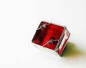 Stained Glass Box Ruby Red 2x2 Ring Box w/ four Silver Rose Flowers Engagement Wedding Ceremony Ring Bearer Mothers Day
