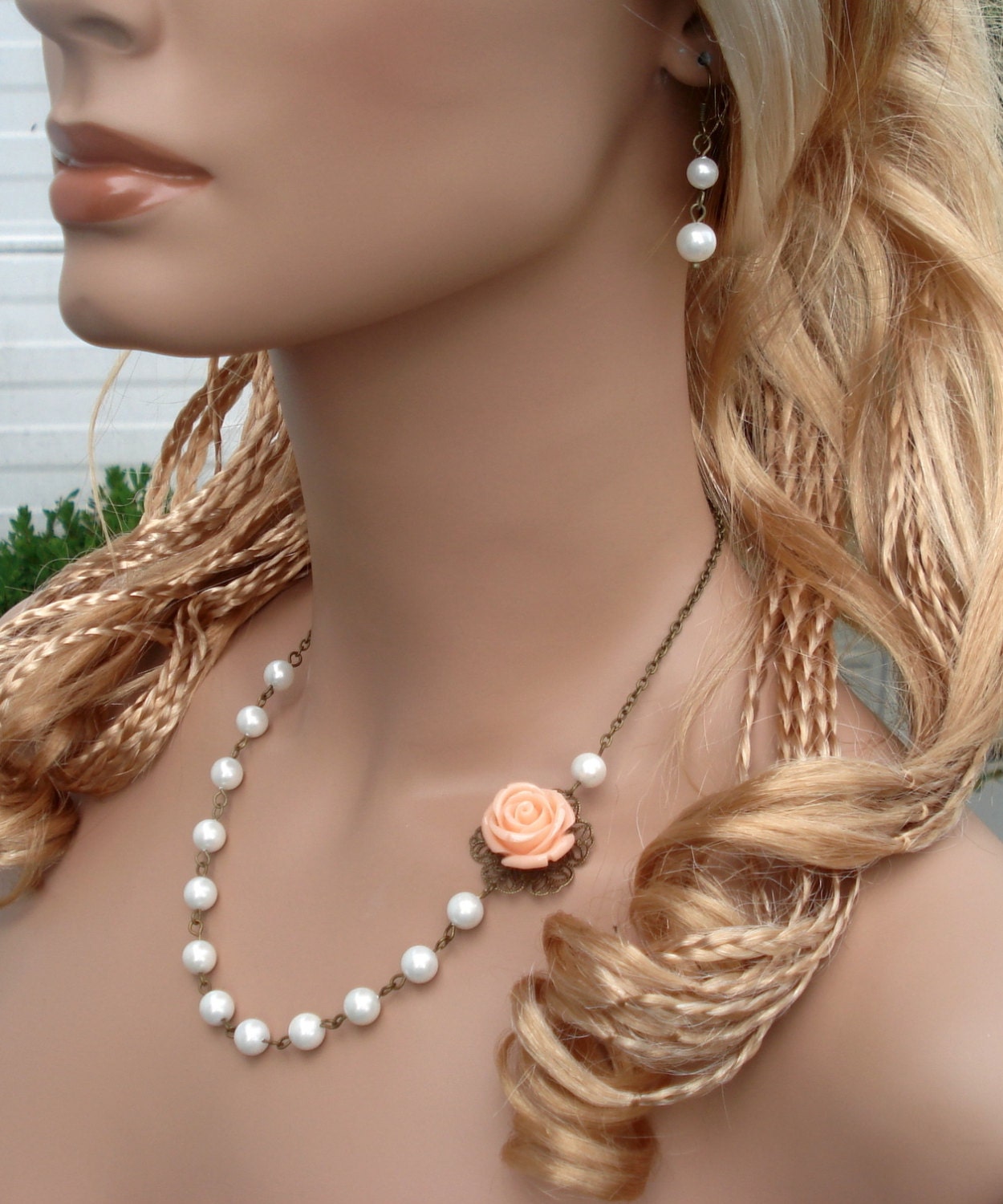 Elegant Bridal/Bridesmaid Jewelry-Peach Rose Pearl Brass Necklace and Earring SET - Wedding Jewelry, Bridal Jewelry