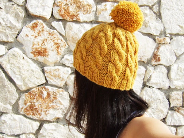 Chunky Sunflower Yellow Cable Beanie with Pom Pom in Wool Alpaca