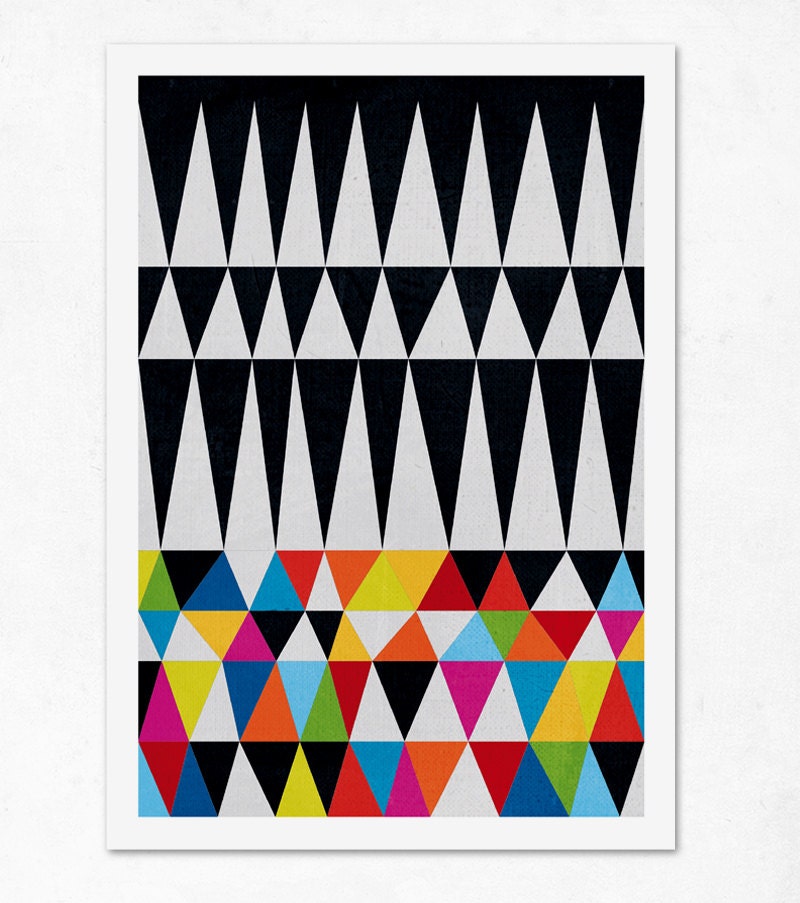 Triangles N.1. (colourful & black). Geometric large print (A3). (Special spring offer: Get a geometric poster for free)