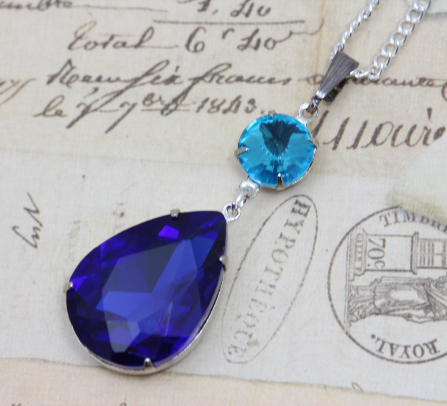 Royal Blue Aquamarine Necklace Wedding Sapphire Aqua Large Necklace 16" Silver Bridesmaids Jewelry Necklace Bridesmaids Matching