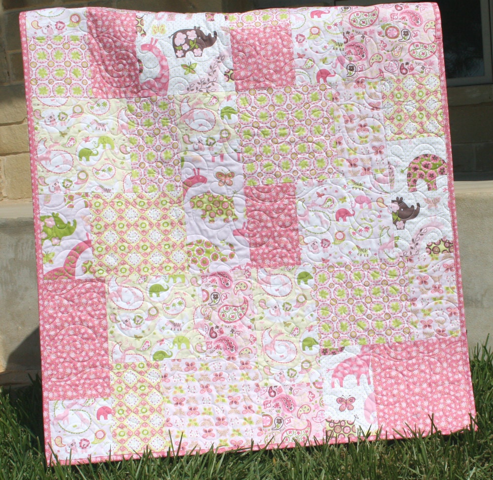 Animal Parade Baby Quilt Elephants Giraffes Girl Blanket