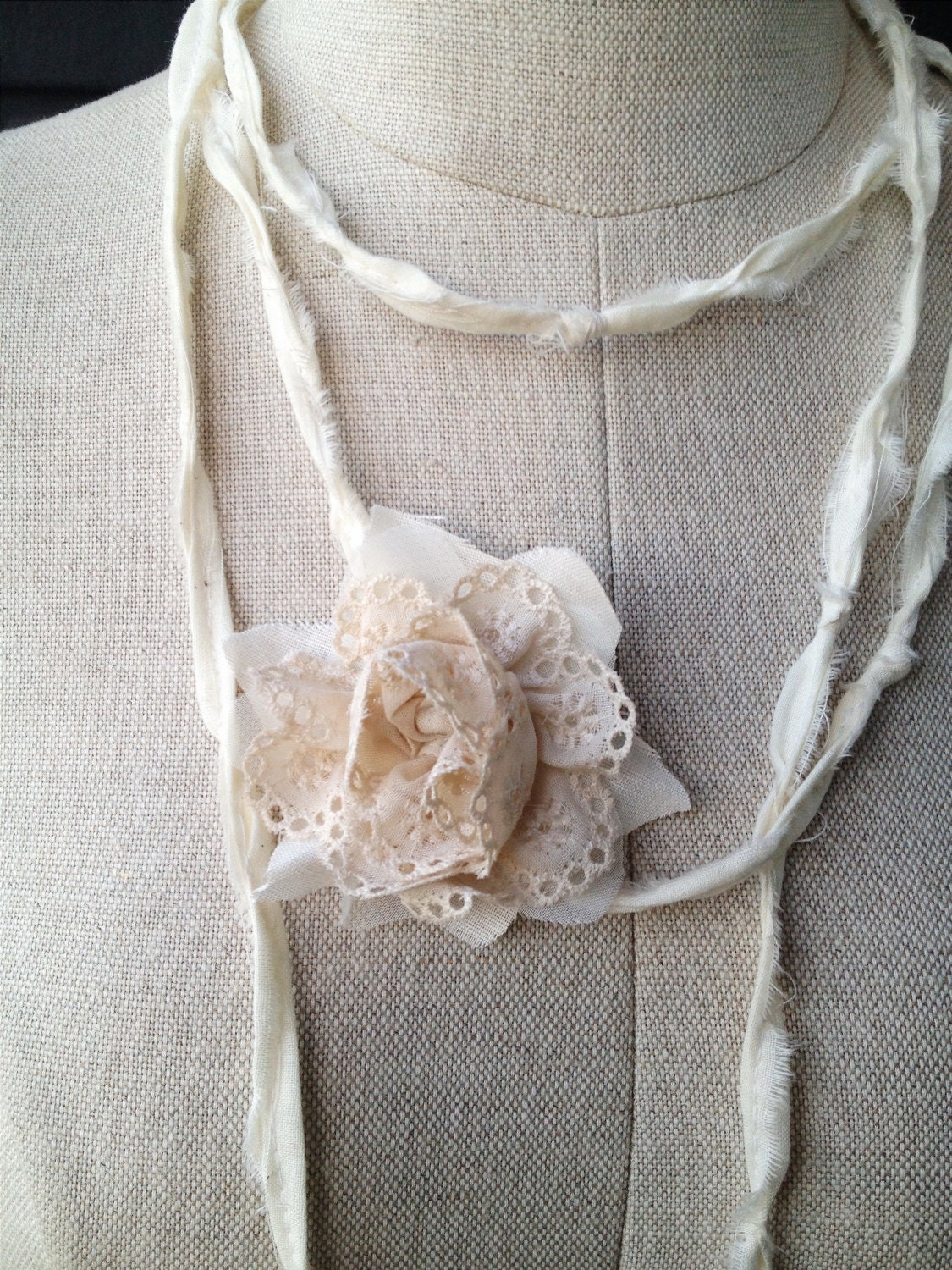 Fabric flower Lariat Multistrand Necklace in White and Cream - Scarflette or Belt
