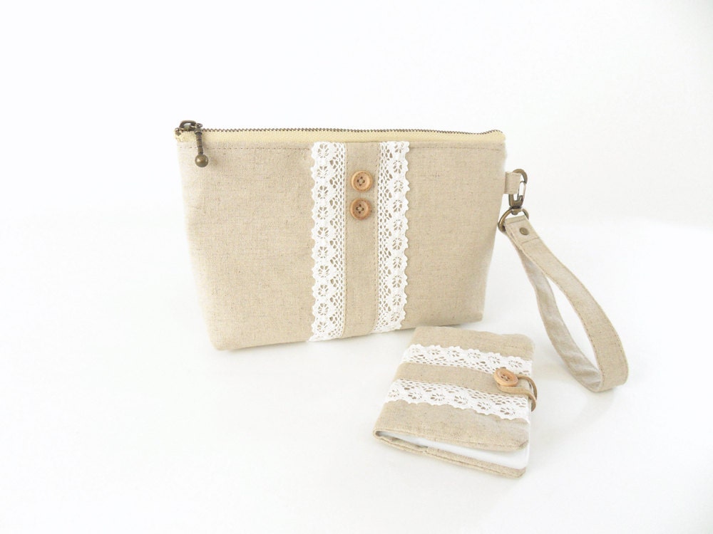 Set of Pouch and Card wallet / Oatmeal linen with lace / Card holder / Pencil case,  Design by BagyBags