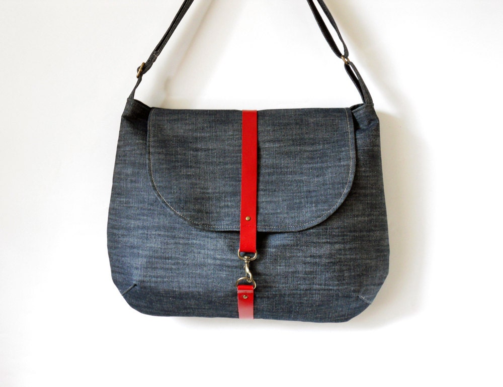 Vintage style Indigo blue denim round Satchel / Messenger bag / Hobo bag / with red leather closure,  Design by BagyBags