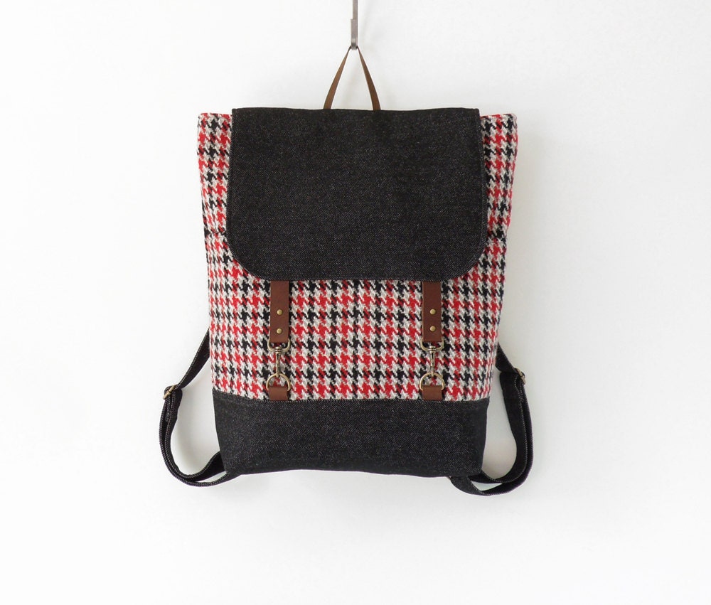 1 LEFT, Red hound navy denimwool  backpack with leather closure and 2 front pockets, featured on FRANKIE,  Design by BagyBags