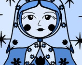 Matryoshka russian doll blue shades whimsical illustration mini canvas print wall decor - Marina