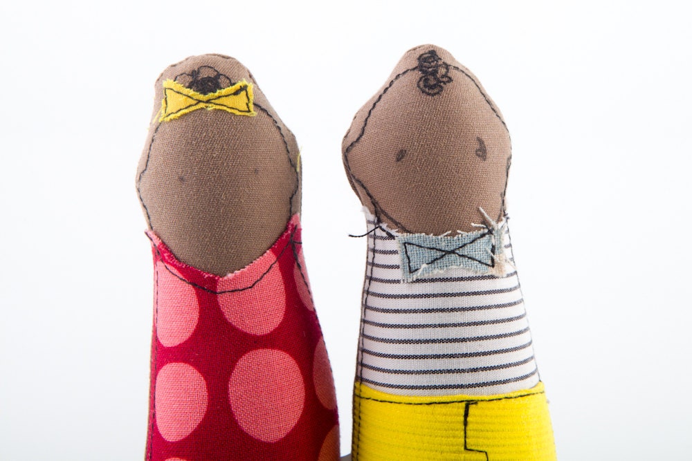 little brown curly Brother and sister , twins dressed in retro neon yellow dotted  burgundy pink & bow ties handmade fabric dolls