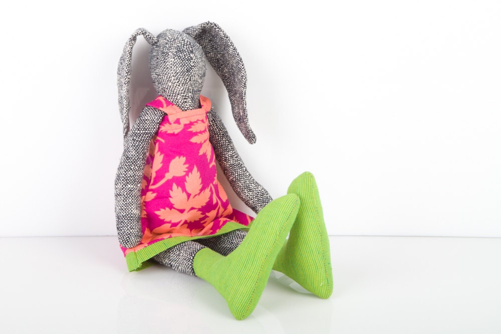 Plush black and white woven pure silk bunny - rabbit wearing pink dress with peach flowers and green socks , handmade fabric doll Eco toy