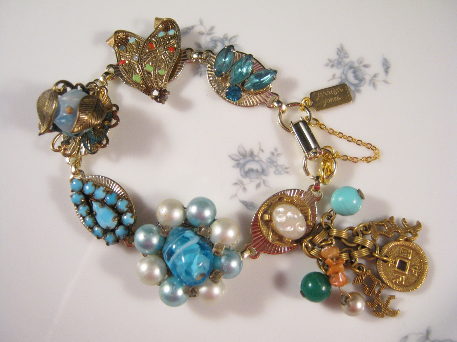 Bridesmaid Gift, Vintage Earring Bracelet, Upcycled, Charm,Turquoise, Blue, Aqua, Gold, Cluster, Damascene, Under 40, OOAK - Turquoise Tango