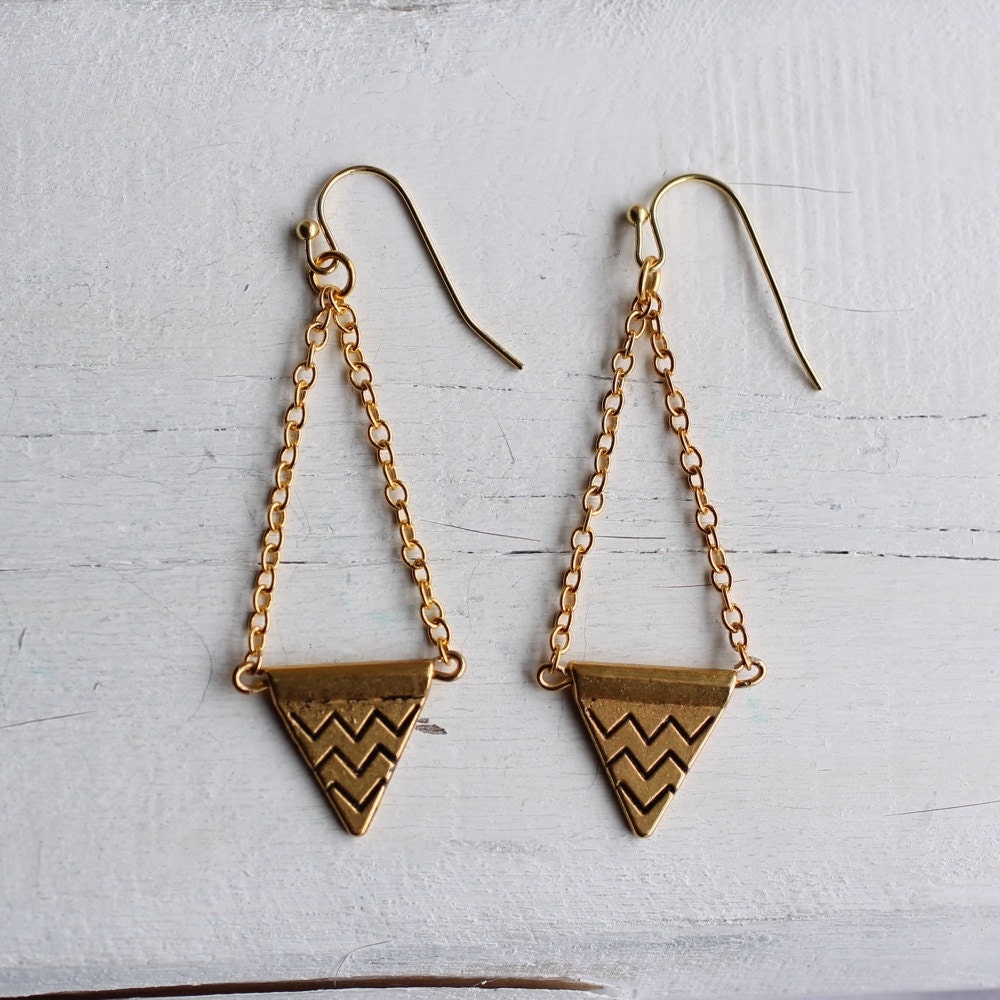 Chevron Triangle Earrings ... Aztec Southwestern Geometric Vintage Brass Gold Shapes
