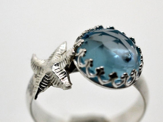 Sky Blue Topaz Ring, Sterling Silver Starfish Ring, Handforged Cocktail Ring, Seaside Jewelry