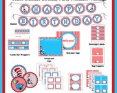 INSTANT DOWNLOAD -50% off - DIY Printable Dr. Seuss Ultimate  Birthday Party Package - Age 1 - Cat In The Hat, Blue & Red