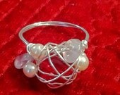 Mermaid Ring, Mothers Ring - Ruby glass, rose quartz, freshwater pearl wire wrapped ring - size 8-8.5