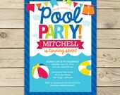 Pool Party Birthday Printable Party Invitation 5x7 Red, Yellow, Orange, Aqua Blue, Navy Blue Il_170x135