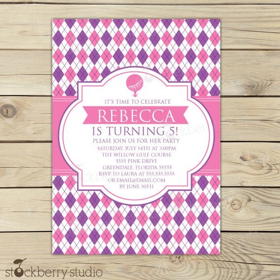 Preppy Pink & Purple Golf Argyle Printable Birthday Invitation party 5x7 invitation or Baby Shower Il_570xn