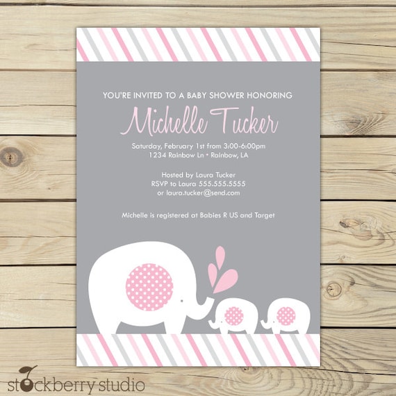 Twin Girls Elephant Baby Shower Printable Invitation Pink and Gray