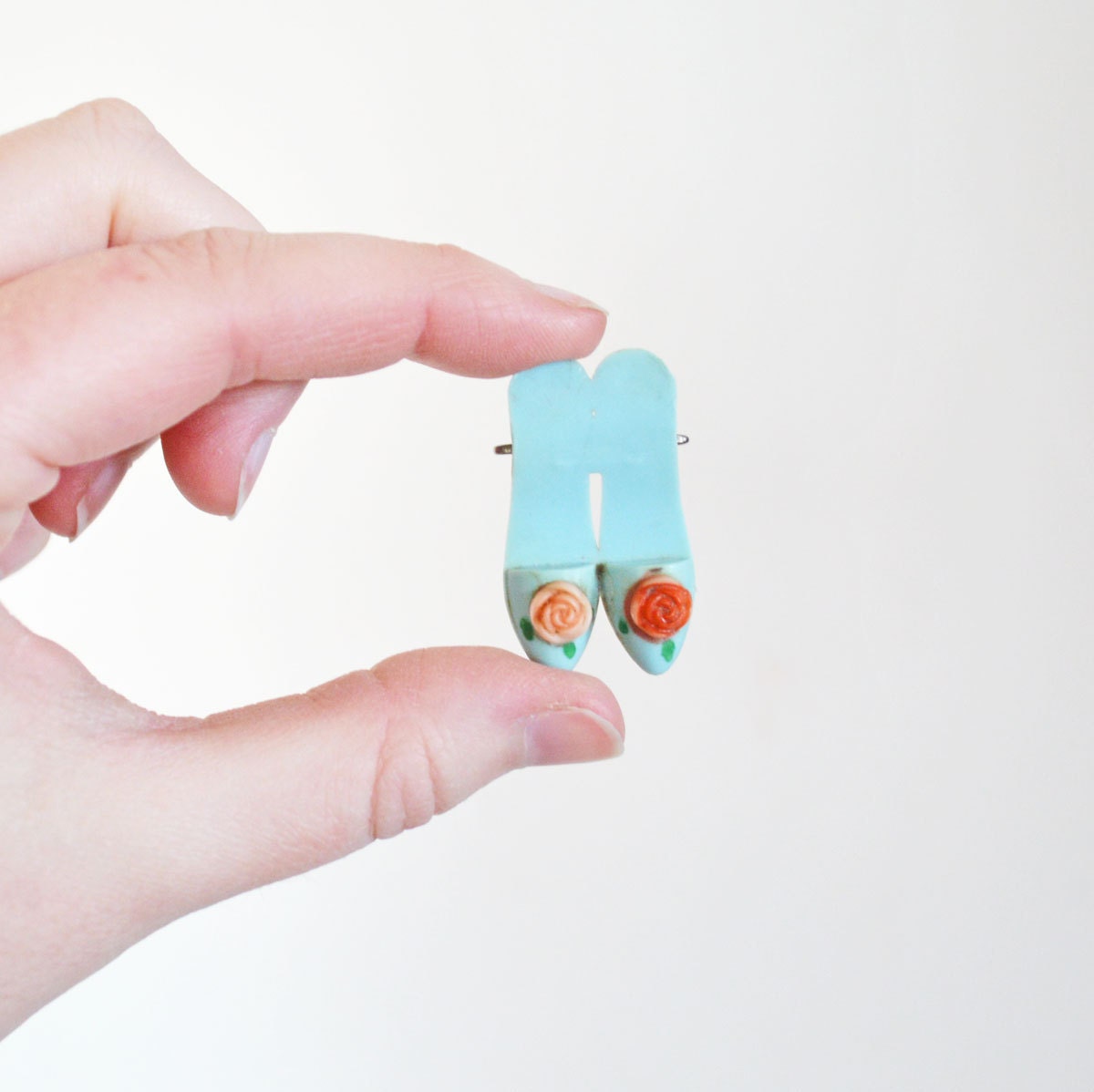 Delightful Vintage Shoe Brooch Pin Miniature Feminine Jewelry Pair of Heels Plastic Celluloid Baby Blue Flower Pink Red