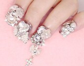 Japanese 3D Nail Art, Press On Nails, False Nails - Silver Rhinestone and Metal Ribbon Decoration (T118N)