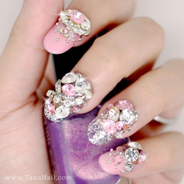 Japanese 3D Nail Art, Press On Nails, False Nails - Rhinestone & Metal 3D Decoration with Pink Polish (T117N)