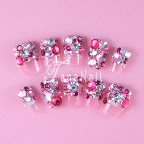 Japanese 3D Nail Art, French Nails, Press On Nails, False Nails - Pink Rhinestones Nails (T021N)
