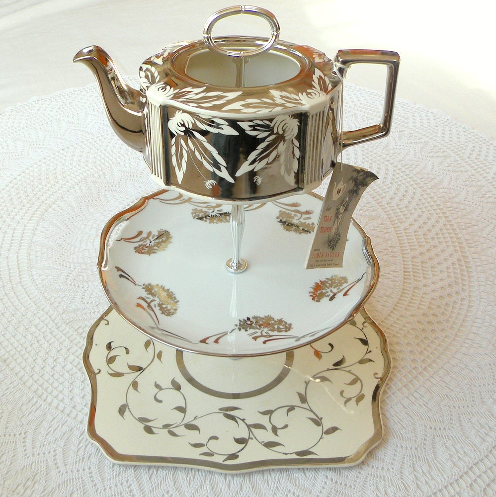 Alice Finds a Silver Teapot, Vintage China Cupcake Display 3 Tier Tea Stand for Garden Party, Wedding Candy Table or Antique Centerpiece