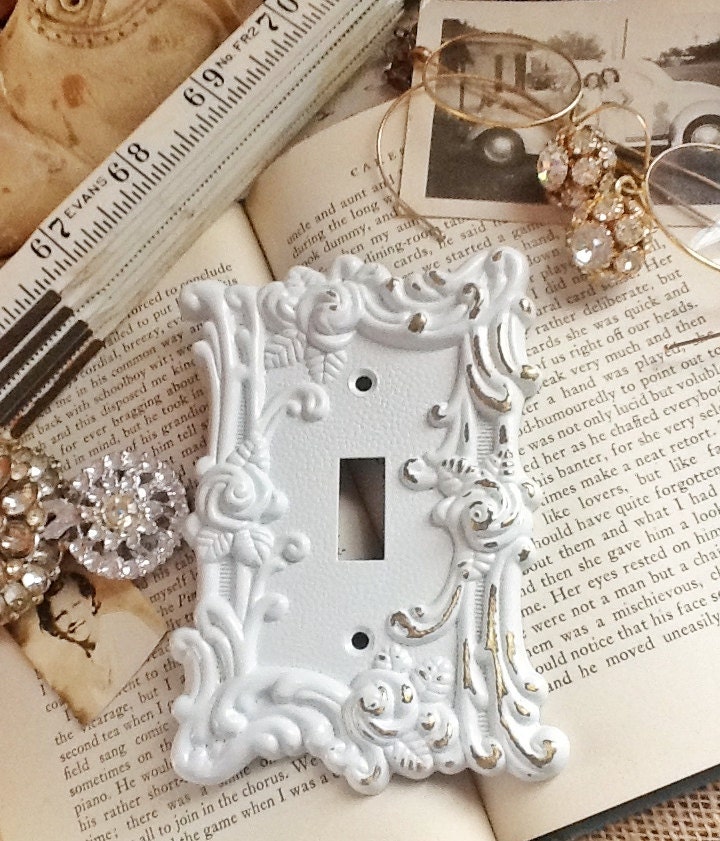 Vintage Metal Wall Decor-Light Switch Cover-In White Shabby Chic-Single Switch Cover-Vintage Roses-Ornate-Distressed-Spring Flowers-Roses