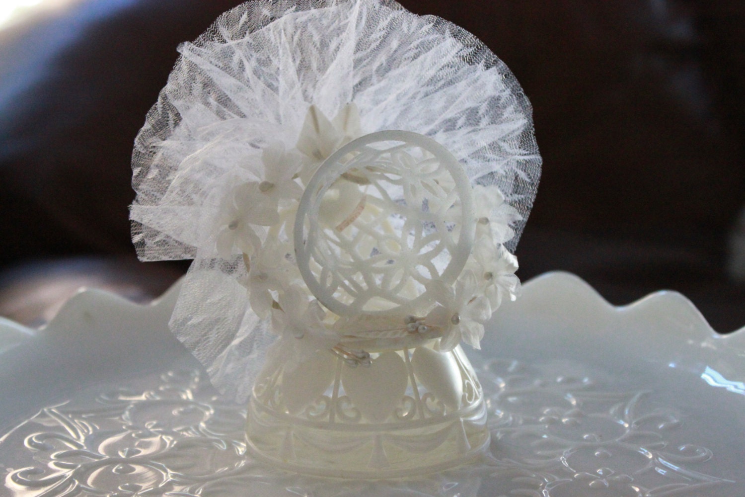 Vintage Wedding Cake Topper, Decoration, Bridal Shower, Cake Topper, Topper with Bell, Floral Trim, Heart Base, Gathered Tulle