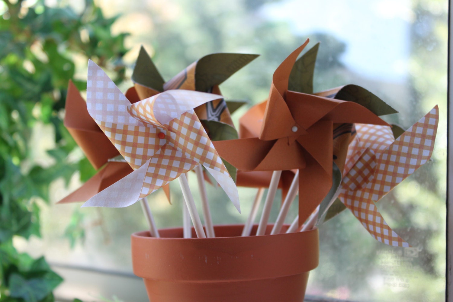 Paper Pinwheels, Orange Cupcake Toppers, Party Decor, Set of 8 Pinwheels