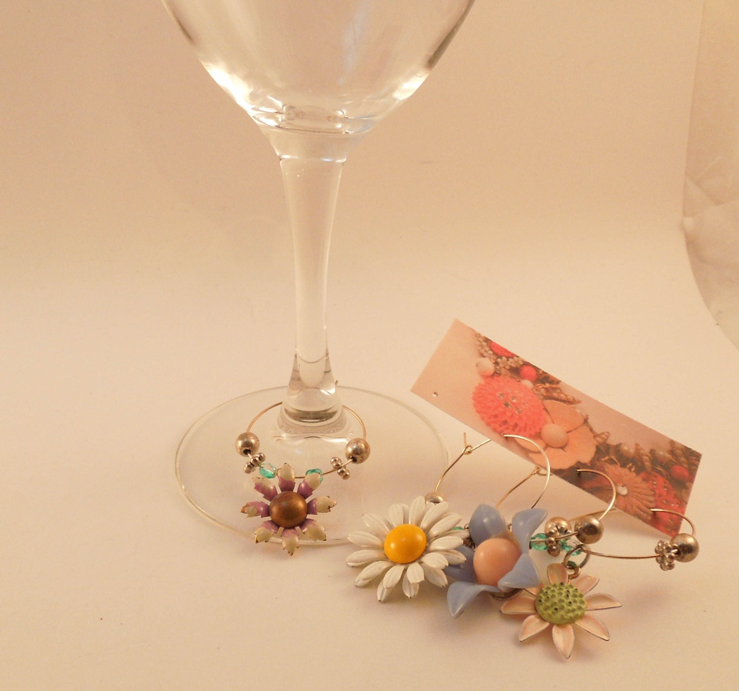 Wine Flowers Repurposed Vintage Jewelry Wine glass Charms Set of 4