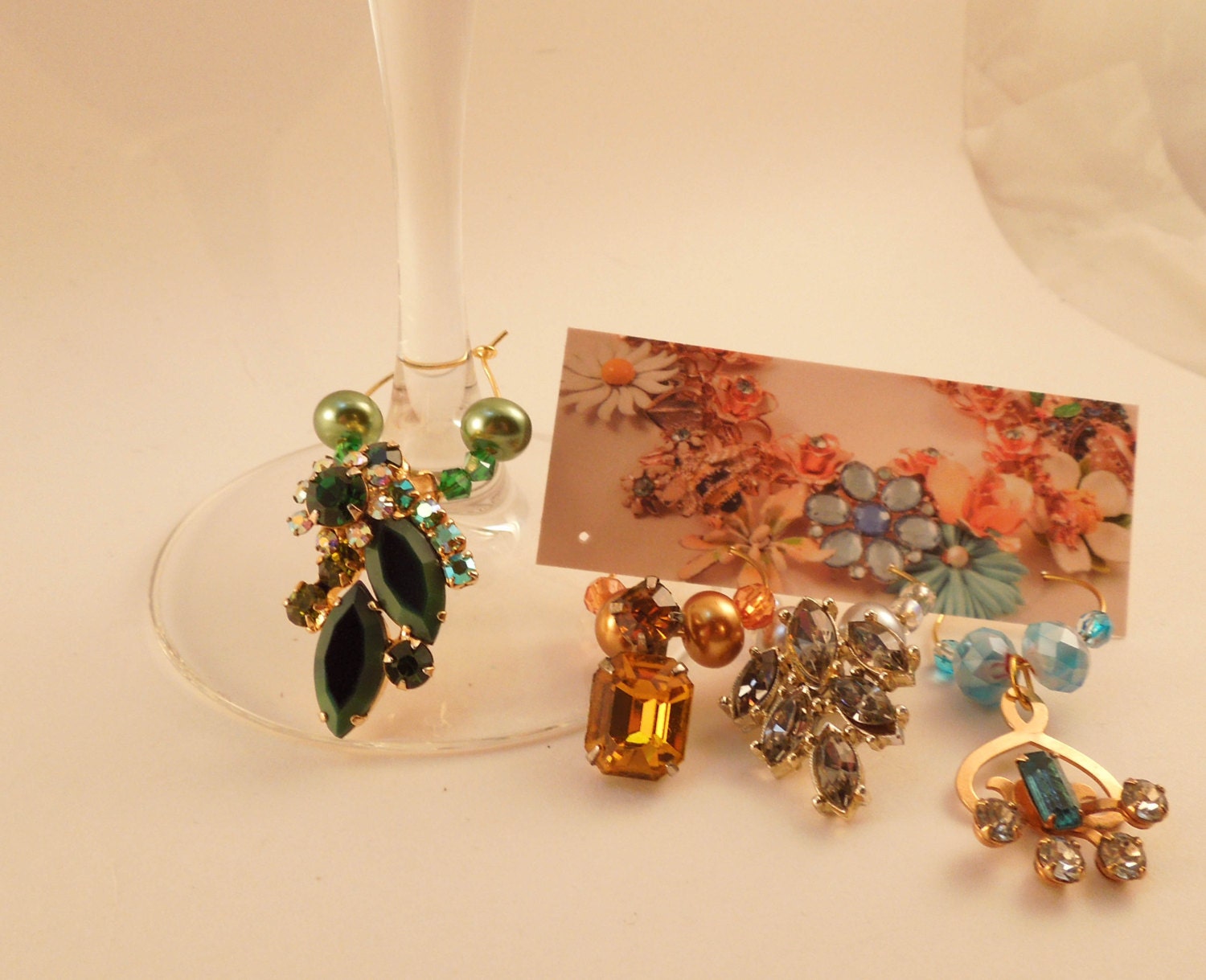 Sparkling Wine repurposed vintage jewelry Wine Glass Charms set of 4