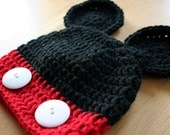 Mouse Hat, crochet photo prop, baby boy photo prop, red and black, white buttons, Newborn to 12 Months