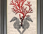 BOGO SALE Seahorses Red coral print Dictionary page art Printed onto old antique dictionary book page. Item No. 213