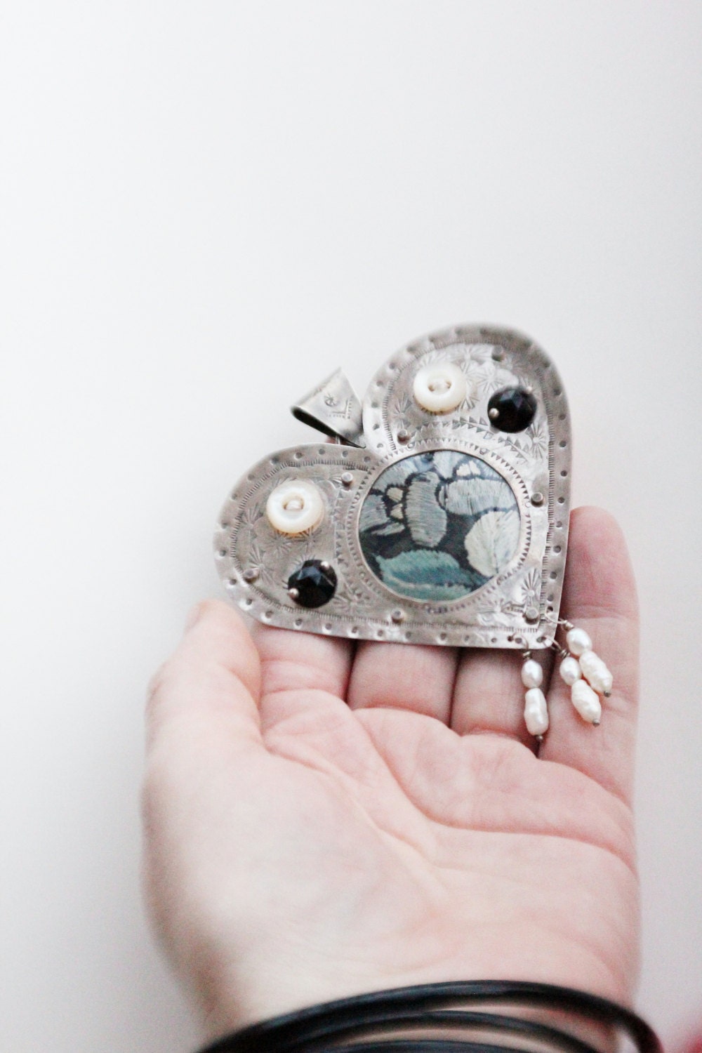 Vintage 90's Handmade Sterling Silver Etched Heart Pendant with Silk, Wired Vintage Buttons, Fresh Water Pearls and Black Faceted Stones