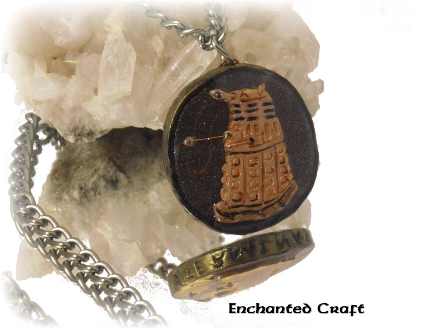 Doctor Who DALEK pendant with EXTERMINATE written on the edge, gunmetal necklace