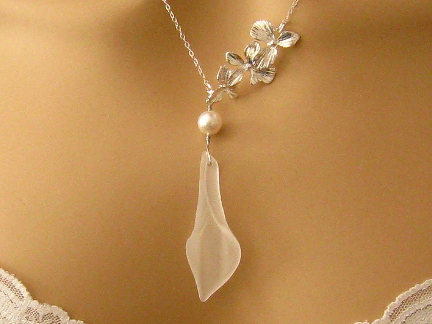 Calla Lily Necklace: Triple Orchid Pearl Calla Lily Bridal Necklace, Romantic Wedding Jewelry, Sterling Silver Elegant Bridal Jewelry, Prom
