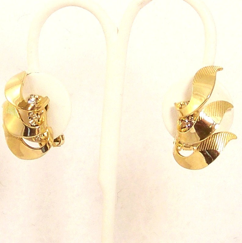Vintage Mad Men Earrings New 1960s Gold Rhinestone Clip Ons