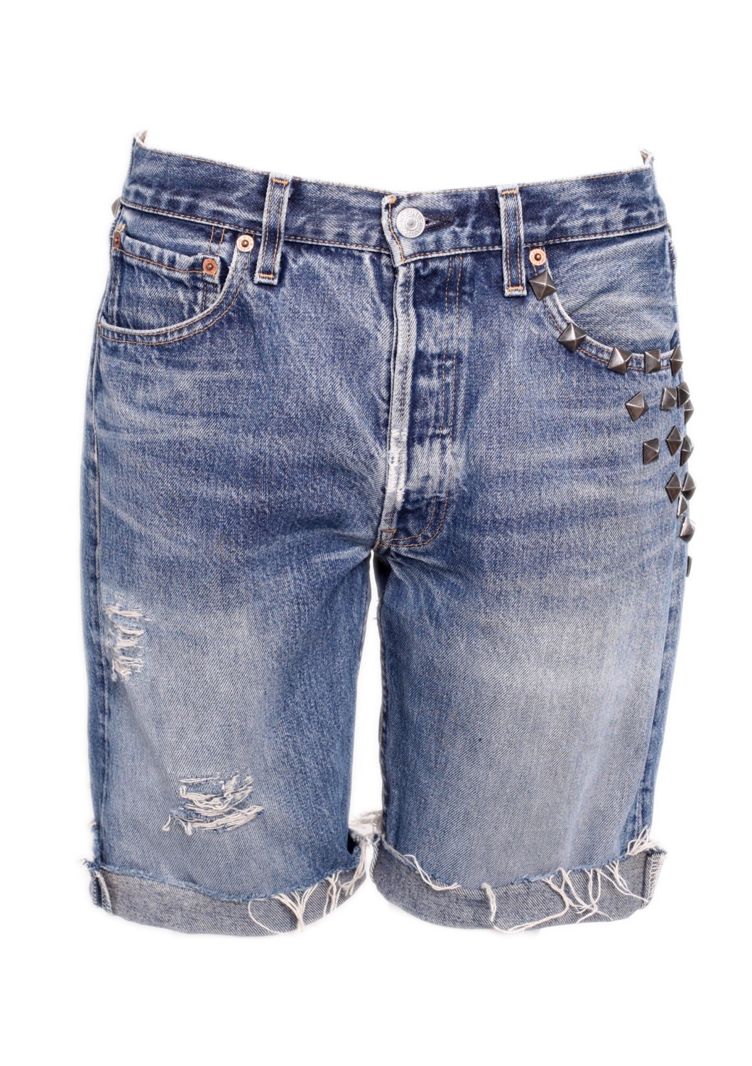 JACKSONVILLE perfectly distressed and studded high waisted blue mens levis frayed denim shorts