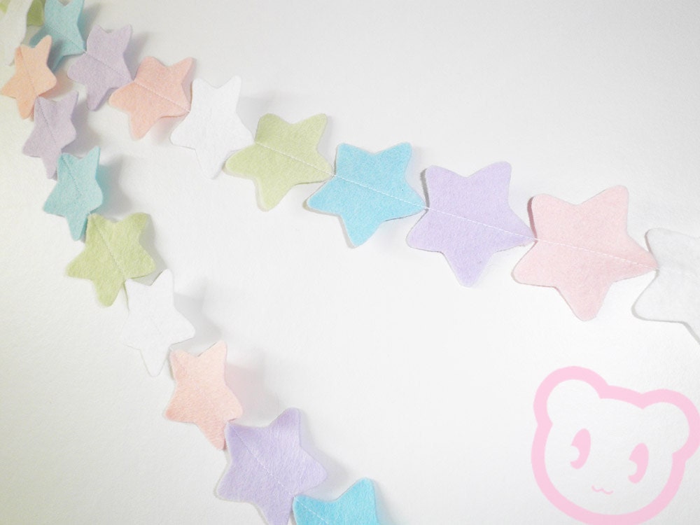 Pastel Rainbow Star Garland - made with wool blend felt in pastel rainbow colours, perfect for kids room or birthday