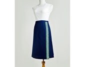 60s A Line Skirt / 1960s Navy Blue Wrap Around Wool Skirt with Zig Zag Trim / Small to Medium