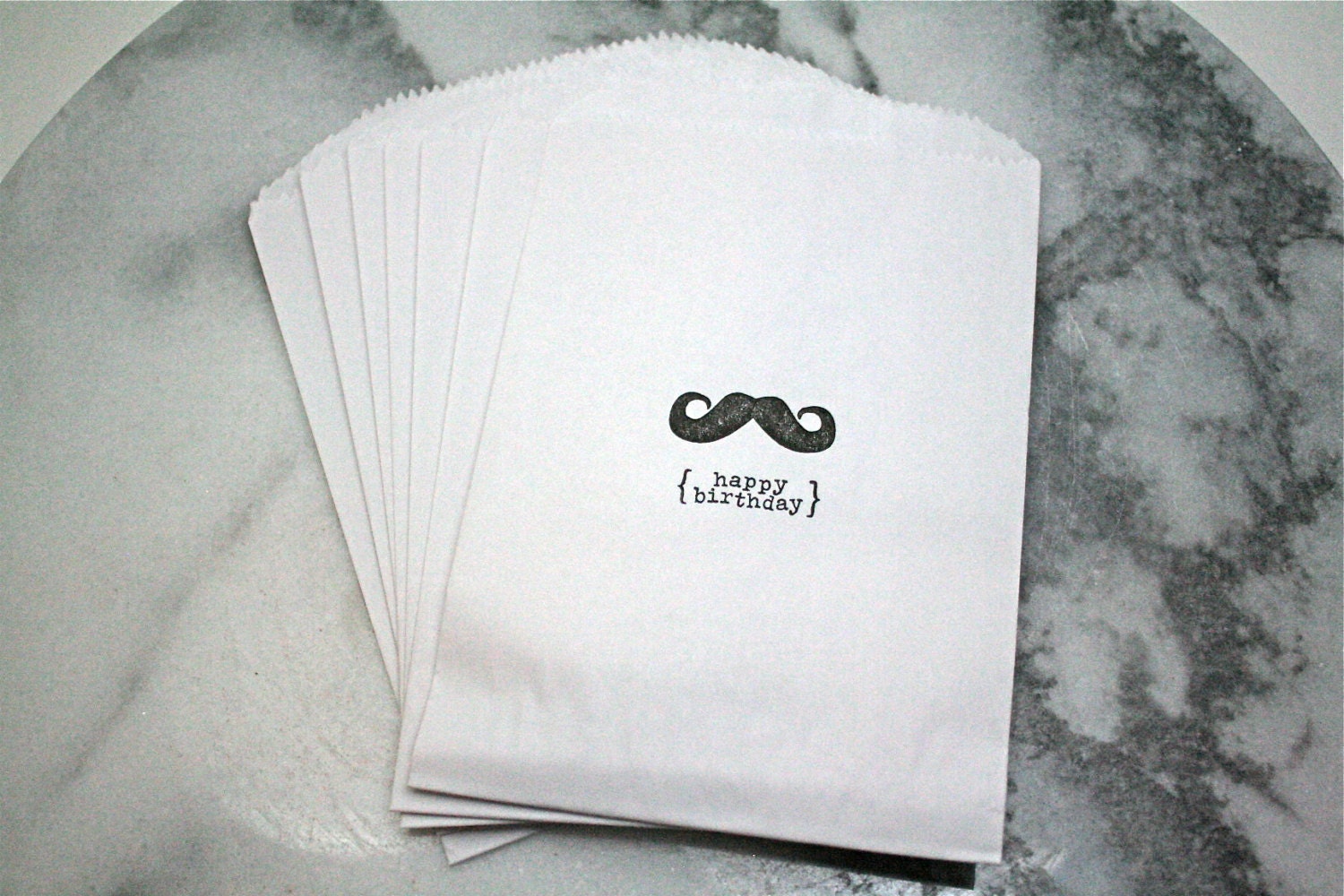 Birthday favor bags, goodie bags. Set of 20.  Kraft paper bags with black mustache and Happy Birthday typewriter text.