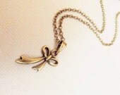 Bowknot Ribbon Charm Necklace, antique bronze tone, vintage bow know ribbon,dainty and little, FREE SHIPPING