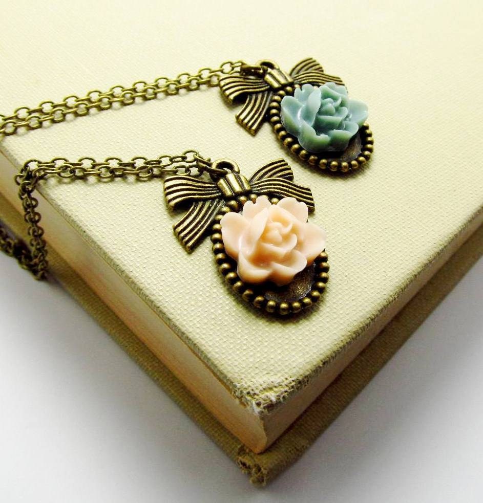 Antiqued BowCharm Necklace, antique bronze tone, vintage bow, resin flower, FREE SHIPPING