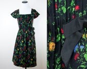60s Vintage Black Floral Print Designer Dress (S)